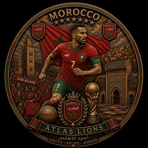 May include: A detailed illustration featuring a soccer player in a red and green jersey, representing Morocco. The image includes the Moroccan flag, a crowd, and the words "MOROCCO" and "ATLAS LIONS". A soccer ball and the FIFA World Cup trophy are also present.