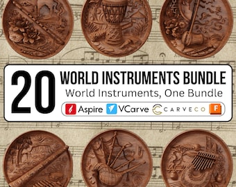 World Instruments CNC STL Bundle, Laser & 3D Printing 20 Musical Relief Models