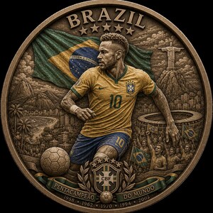 May include: A bronze-colored commemorative coin featuring a soccer player in a yellow jersey with the number 10, the Brazilian flag, and the text "BRAZIL". The coin also includes the text "PENTACAMPE&Atilde;O DO MUNDO" and the years 1958, 1962, 1970, 1994, and 2002.