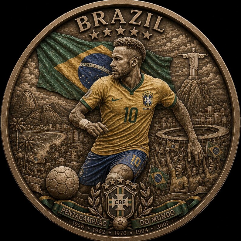 May include: A bronze-colored commemorative coin featuring a soccer player in a yellow jersey with the number 10, the Brazilian flag, and the text "BRAZIL". The coin also includes the text "PENTACAMPE&Atilde;O DO MUNDO" and the years 1958, 1962, 1970, 1994, and 2002.