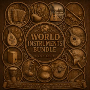May include: A brown wooden plaque displaying various world musical instruments. The central text reads "WORLD INSTRUMENTS BUNDLE" with "20 FILES" below. Instruments include an accordion, bagpipes, and a sitar. The plaque is circular.