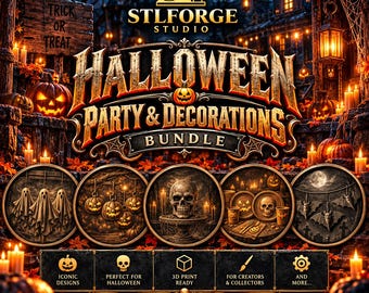 Halloween Party & Decorations STL Bundle, 3D STL Relief Model for CNC Router, Laser and 3D Printing Compatible, Pumpkins, Hats, Masks File