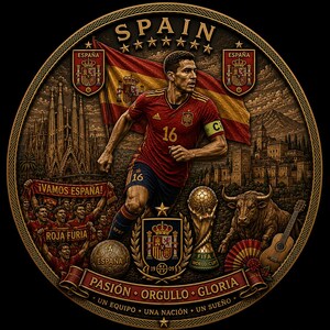 May include: A detailed, circular design featuring a Spanish soccer player in a red jersey with the number 16. The design includes the Spanish flag, a bull, a guitar, and the words "SPAIN", "PASI&Oacute;N &bull; ORGULLO &bull; GLORIA", and "FIFA WORLD CUP".
