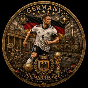 May include: A detailed illustration on a gold-colored coin featuring a soccer player in a white and black jersey with the number 8. The coin includes the German flag, the text "GERMANY", and the words "DIE MANNSCHAFT". Other elements include a soccer ball and the FIFA World Cup trophy.