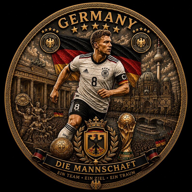 May include: A detailed illustration on a gold-colored coin featuring a soccer player in a white and black jersey with the number 8. The coin includes the German flag, the text "GERMANY", and the words "DIE MANNSCHAFT". Other elements include a soccer ball and the FIFA World Cup trophy.