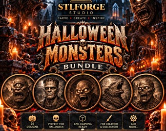 Halloween Monsters STL Bundle, 3D CNC Relief Model for Carving, Laser & 3D Printing Compatible - Digital Download