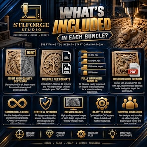 May include: A digital infographic for STLForge Studio detailing CNC carving bundles. It features gold text on a dark blue background, showcasing 16-bit depth maps, STL and PNG file formats, organized folders, a PDF guide, and commercial license icons.