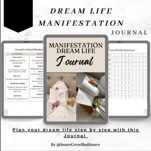 Pode incluir: Um diário digital intitulado "Dream Life Manifestation Journal" com uma capa bege e texto preto. O diário inclui seções sobre mentalidade, desafios e inventário de vida. A imagem também inclui o texto "Planeje sua vida dos sonhos passo a passo com este diário."
