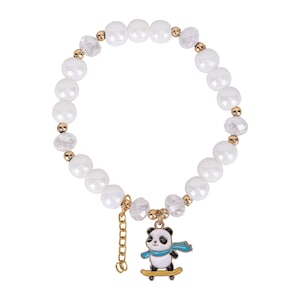 Cute Panda Skateboard Charm Bracelet – White Beads with Crystal Accents Stylish Gift for Kids or Trendy Accessories for Young Adults