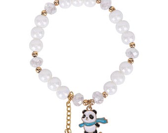 Panda Skateboard Charm Bracelet • White Beaded Bracelet with Crystals •  Gift for Kids & Teens • Trendy Fun Jewelry  Young Adults