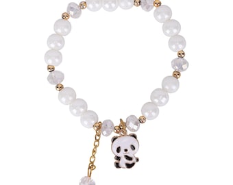 Panda Charm Bracelet • White Beaded Stretch Bracelet with Crystals • Animal Jewelry Gift for Kids & Teens • Gold Accent Bead