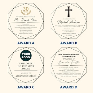May include: Four octagonal awards with black geometric borders. Award A: "30 Years of Dedicated Service" for Mr. David Chen. Award B: "In Appreciation to Michael Anderson" with a cross. Award C: "Employee of the Year Award" for Alexander Miller. Award D: "With Heartfelt Gratitude Appreciation" for Brenda Foster.