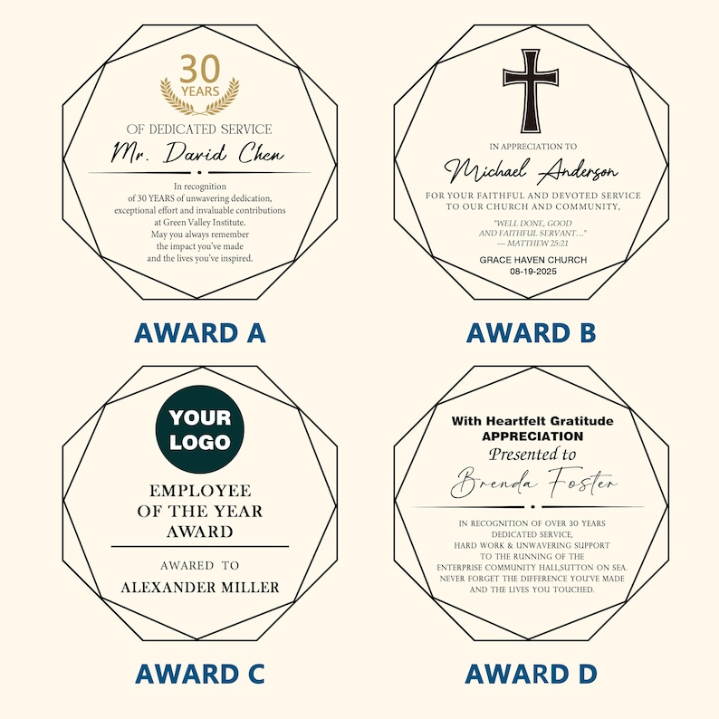 May include: Four octagonal awards with black geometric borders. Award A: "30 Years of Dedicated Service" for Mr. David Chen. Award B: "In Appreciation to Michael Anderson" with a cross. Award C: "Employee of the Year Award" for Alexander Miller. Award D: "With Heartfelt Gratitude Appreciation" for Brenda Foster.