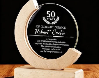 Personalisierte 7 '' Holz Kristall Mitarbeiter Auszeichnungen, benutzerdefinierte Achievement Glass Trophy, Ruhestand Wertschätzung Plaques Geschenk, Company Event Trophäe