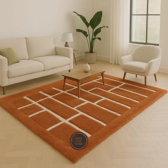 Handmade High-Low Pile Tufted Rug – Orange & White Modern Geometric Area Rug | 8x10 or 9x12 | Cool Abstract Living Room Carpet, Home Decor,