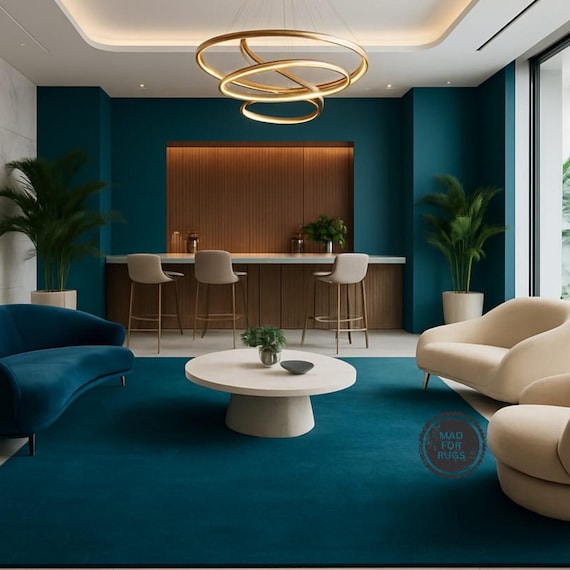 Teal Blue Area Rug Modern Minimalist- Wool Carpet for Living Room or Lounge, Handmade Soft Pile Rug, 9x12 10x14, Contemporary Solid Color