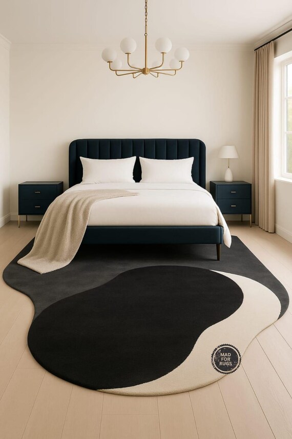 Large Blue and Cream Irregular Rug | Handmade Wavy Area Rug for Bedroom or Living Room- Modern Nursery, Decor Organic Amoeba Rug, 8x10, 9x12
