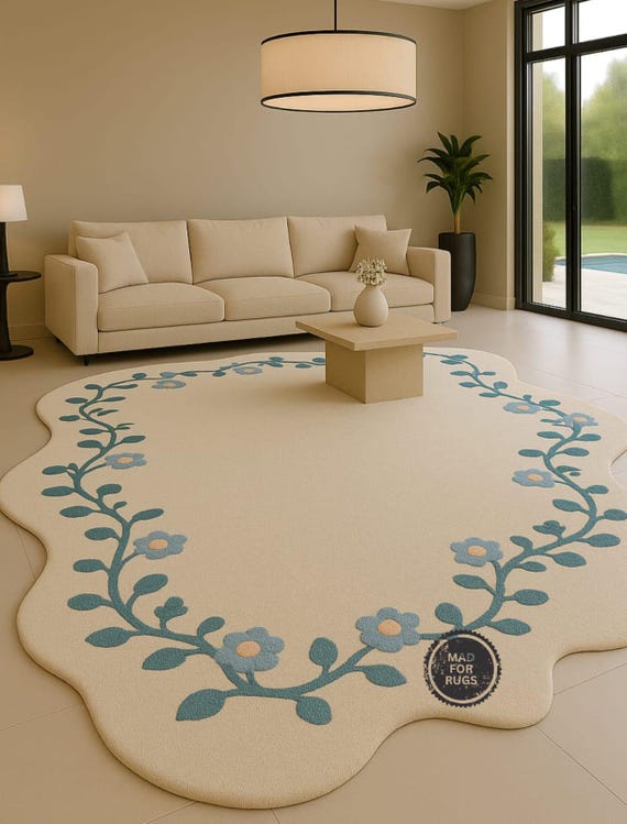 Handmade Floral Tufted Rug – Scalloped Irregular Area Rug 8x10 or 9x12 | Blue & Cream Contemporary Area Rug | Cool Living Room Decor Gift .