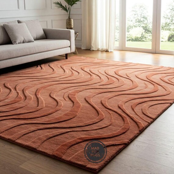 Hand-Tufted High-Low Wave Rug – 8x10 Terracotta Modern Area Carpet | Soft Textured Abstract Design for Living Room or Bedroom Decor, Gifts.