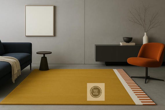 Mustard Yellow Modern Area Rug | Hand-Tufted Wool Carpet with Striped Border | Minimalist Living Room Decor by Mad  For Rugs.