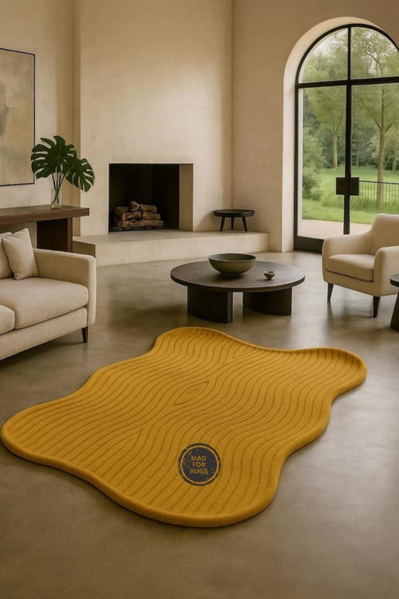 Mustard Irregular Shape Rug – Modern Hand-Tufted Wavy Abstract Carpet | High-Low Texture Wool Rug for Living Room & Bedroom | 5x7 6x9 8x10.