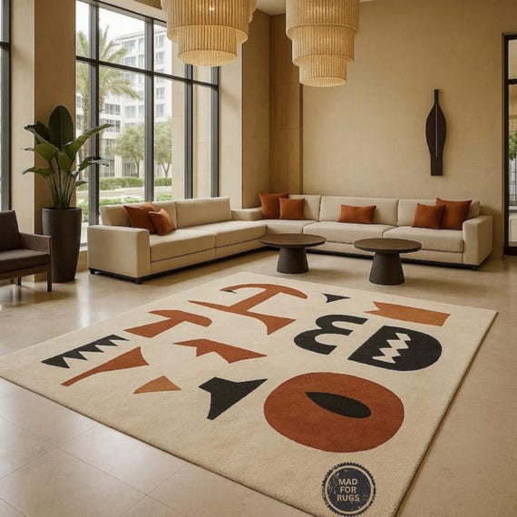 Modern Abstract Area Rug | Hand Tufted Wool Carpet | Geometric Living Room Rug | Contemporary Beige, Black & Rust Designer Floor Rug