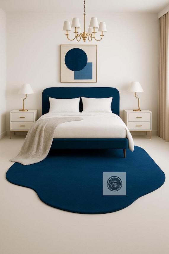 Handmade Navy Blue Wool Rug – Irregular Shape Modern Carpet for Bedroom or Lounge, Minimalist Soft Area Rug for Home Interiors,9X12, 10X14.