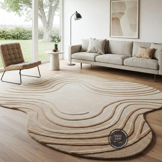 Modern Handmade High-Low Tufted Rug – Beige and Brown Irregular Abstract Carpet | 8x10 & 9x12 | Contemporary Living Room Area Rug, Gifts.
