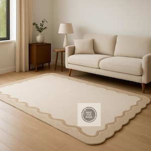 Cream Beige Scalloped Edge Rug | Hand-Tufted Wool Area Carpet | Soft Neutral Living Room Decor | Mad For Rugs&quot; For Bed Room, Living Room.
