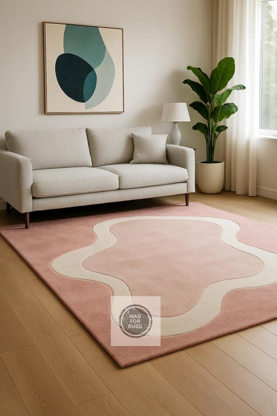 Pink Abstract Area Rug – Modern Hand-Tufted Rectangle Carpet with Wavy Cream Design | Soft High Pile Rug for Living Room or Bedroom".