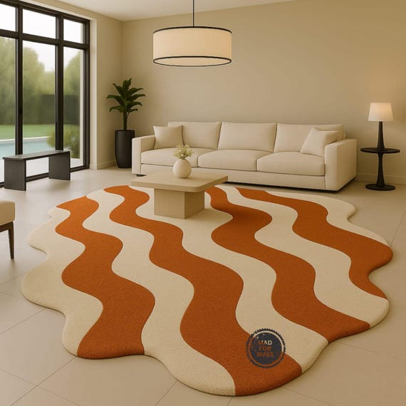 Large Irregular Orange and White Handmade Rug – Modern Wavy Area Rug | 8x10 or 9x12 | Living Room Carpet, Contemporary Home Decor,  Gift.