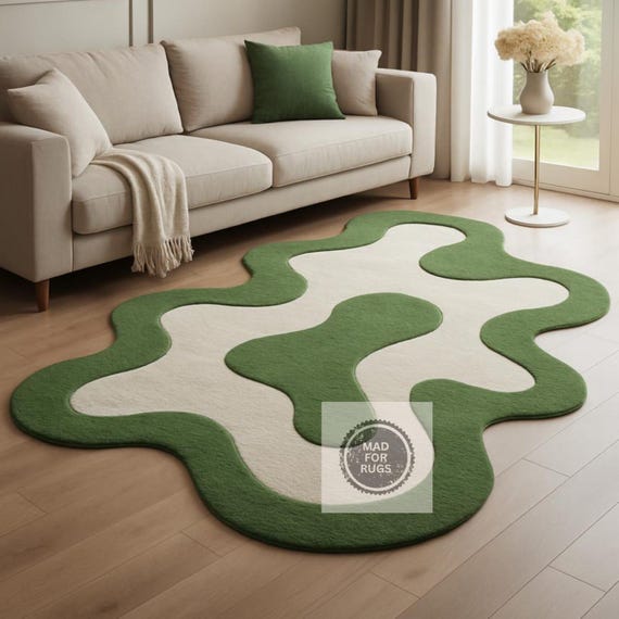 Modern Hand Tufted Rug, 100% New Zeeland Wool, Green And White Color Rug,  Eye-Catching Reptile-Inspired Floor Art.