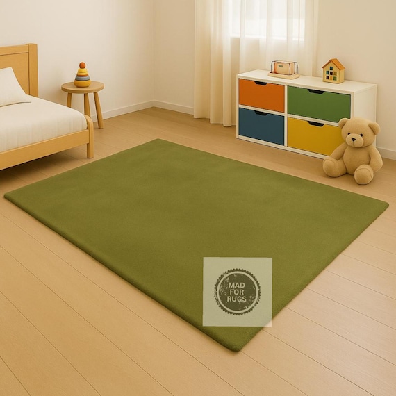 Hand-Tufted Solid Olive Green Rug – Soft Minimalist Wool Carpet for Kids’ Room, Nursery, or Play Area | Modern Rectangular Floor Accent"