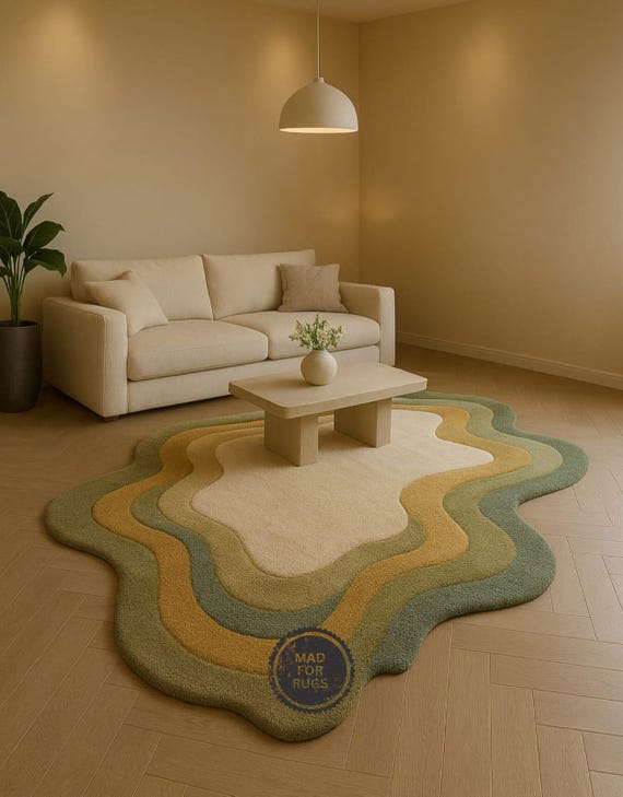 Modern Irregular Multi Color Tufted Rug –Handmade 8x10 or 9x12 Contemporary 100% New Zeeland Wool Wavy Area Rug |Living Room Home Decor Gift