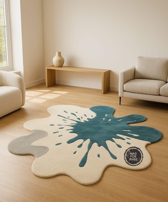 Handmade Irregular Tufted Rug – Blue, White & Grey Splash Rug | Modern Artistic Area Rug 8x8, 9x9 | Living Room Decor, Personalized Gift.