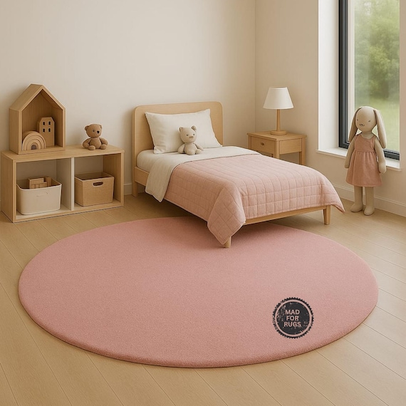 Round Pink Nursery Rug 5ft – Soft Hand Tufted Kids Room Carpet | Baby Girl Playroom Decor , 9x12 10x14, Contemporary Solid Color” 7x7, 10x10