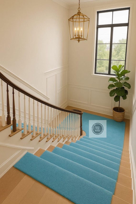 Sky Blue Stair Runner Rug | Solid Hand-Tufted Rug for Staircase\ Bedroom  Entryway, Living room, Kitchen, 8X10, 9X12, 10X14, Custom Size .