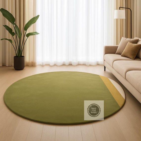 Olive Arc – Modern Round Rug in Olive Green with Mustard Accent | Minimalist Hand-Tufted Carpet for Contemporary Living Spaces"