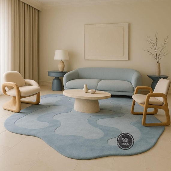 Handmade Irregular Tufted Blue Rug – Modern 8x10 or 9x12 Wavy Area Rug for Living Room | Soft Contemporary Carpet | Unique Home Decor Gift.