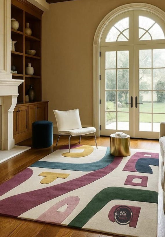 Modern Abstract Hand-Tufted Area Rug – Multicolor High-Low Pile Carpet | 8x10 or 9x12 | Contemporary Living Room Rug, Unique Geometric Art.