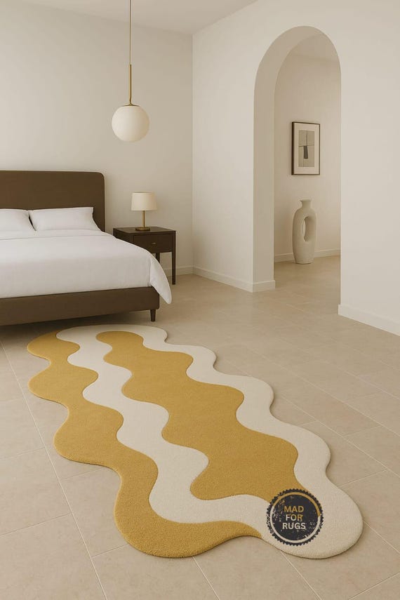 Modern Handmade Tufted Runner Rug – Yellow and White Wavy Wool Carpet | 2.6x12 & 3x16 | Minimalist Home Decor, Personalized Gift, Easter Rug