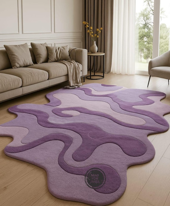 Handmade Irregular Tufted Purple Rug – Modern Abstract Area Rug 8x10 or 9x12 | Contemporary Living Room Carpet | Unique Home Decor Gift.
