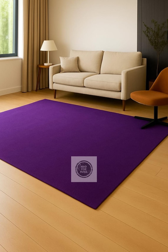 Solid Dark Purple Area Rug – Modern Minimalist Wool Carpet, Handmade Plain Rug for Living Room, Bedroom or Office, Soft Pile Rug 9X12, 10X14