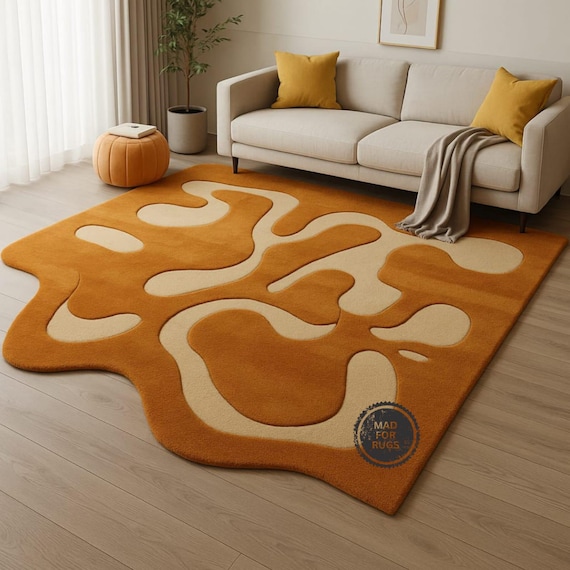 Handmade High-Low Pile Tufted Rug – Modern Abstract Orange & White Irregular Rug | 8x10 or 9x12 | Cool Living Room Carpet, Personalized Rug.