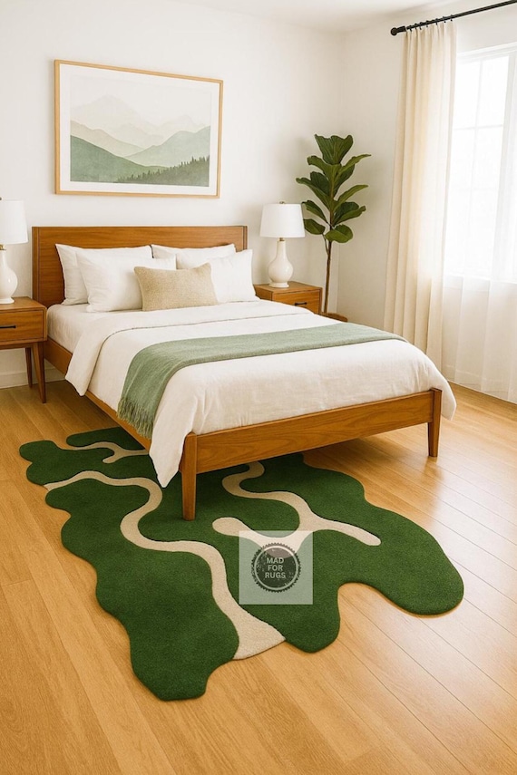 Green Wavy Kids Room Rug | Irregular Shaped Playroom Carpet | Hand-Tufted Wool Rug | Modern Nursery Decor | Organic Amoeba Rug, 8x10 9x12.