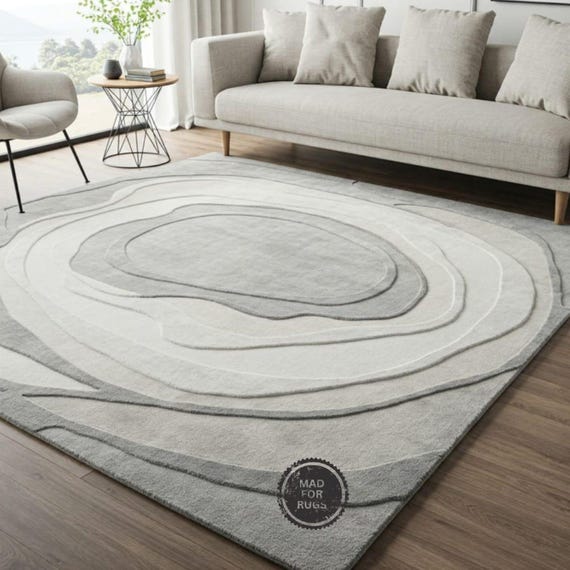 High-Low Pile Handmade Abstract Rug – White & Grey Tufted Area Carpet |8x10 or 9x12 Soft Contemporary Living Room Rug, Minimalist Home Decor