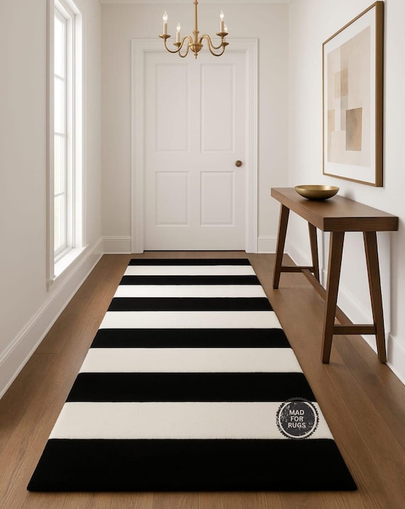 White And Black Runner Rug, Handmade Modern Minimalist Carpet, Neutral Decor Hallway Rug, 8x10 & 9x12 ,Soft Wool Gift Rug for Home or Easter
