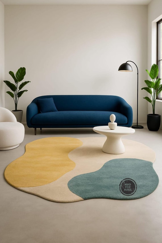 Modern Irregular Yellow & White Rug – Handmade Tufted 100% New Zeeland Wool 8x10 or 9x12 Contemporary Area Rug | Cool Living Room Decor Gift
