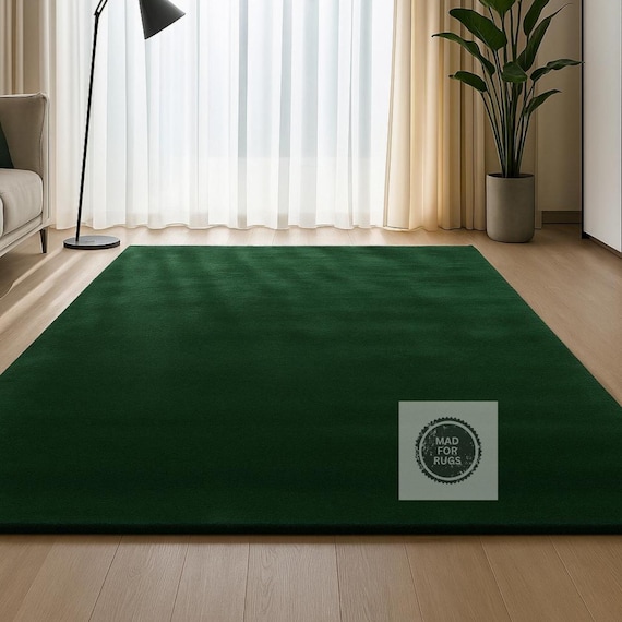 Solid Dark Green Area Rug – Modern Minimalist Wool Carpet, Handmade Plain Rug for Living Room, Bedroom or Office, Soft Pile Rug 9X12, 10X14,
