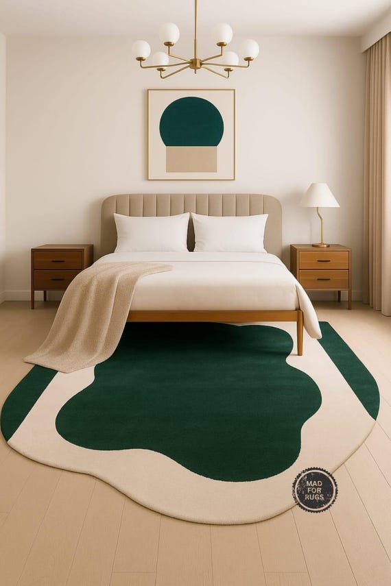 Green and Cream Irregular Rug | Handmade Wavy Area Rug for Bedroom or Living Room- Modern Nursery, Decor Organic Amoeba Rug, 8x10, 9x12